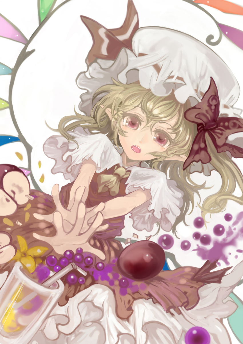 absurdres ascot blonde_hair bow crystal flandre_scarlet flower food fruit glass grapes hair_bow hat hat_ribbon highres juice open_mouth red_eyes ribbon ryuuri_susuki short_hair short_sleeves side_ponytail solo straw touhou wide_sleeves wings