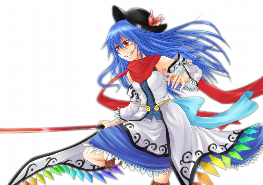 adapted_costume blue_hair detached_sleeves flower grin hat hinanawi_tenshi judo_fuu jyudo_fu long_hair red_eyes scarf smile solo sword sword_of_hisou touhou weapon white_background