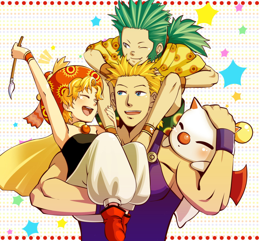 2boys art_brush blonde_hair blue_eyes carrying closed_eyes eyes_closed fang final_fantasy final_fantasy_vi gau green_eyes green_hair hat highres long_hair mash_rene_figaro mog moogle multiple_boys paintbrush ponytail relm_arrowny sabin short_hair smile star ymy