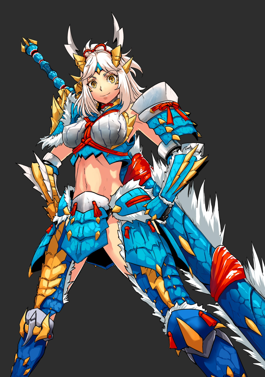absurdres armor hands_on_hips highres jinouga_(armor) midriff monster_hunter monster_hunter_portable_3rd navel realmbw smile solo sword weapon white_hair yellow_eyes