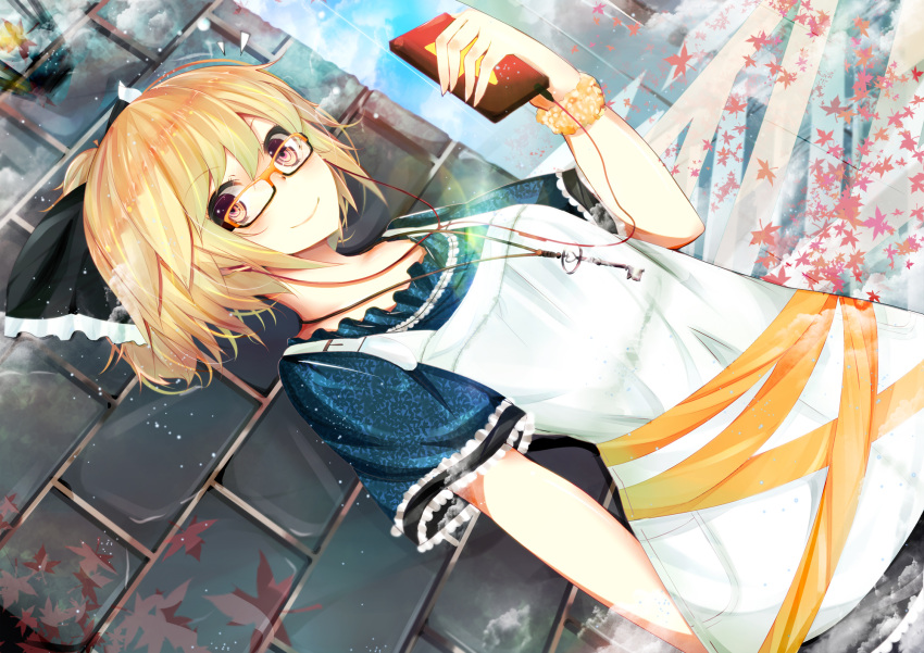 alternate_costume bespectacled blonde_hair bow contemporary digital_media_player dress dutch_angle earphones glasses hair_bow highres jewelry key kurodani_yamame leaf necklace nmaaaaa short_hair smile solo touhou yellow_eyes