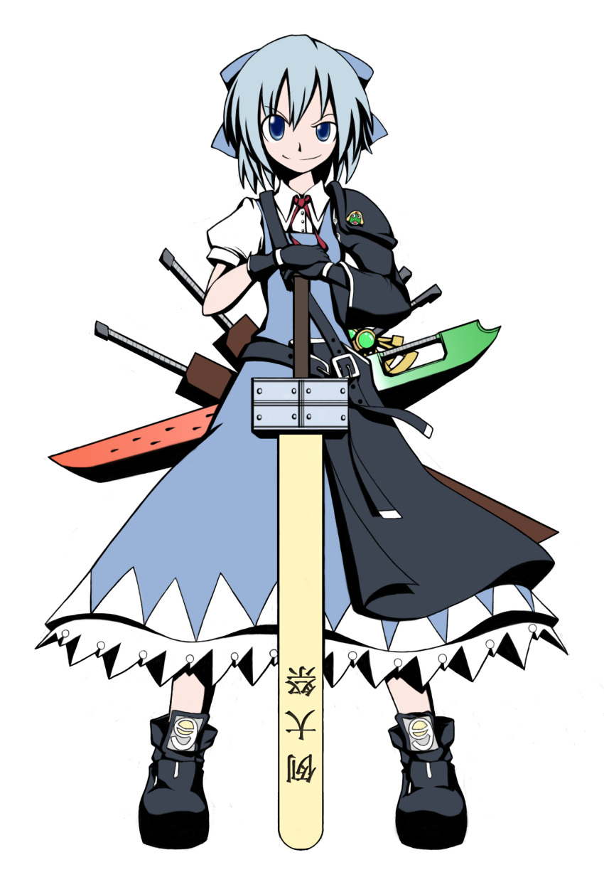 adapted_costume advent_cirno blue_eyes blue_hair bow cirno gloves hair_bow highres long_sleeves puffy_sleeves short_hair short_sleeves smirk solo standing sword t_tsubasa touhou weapon