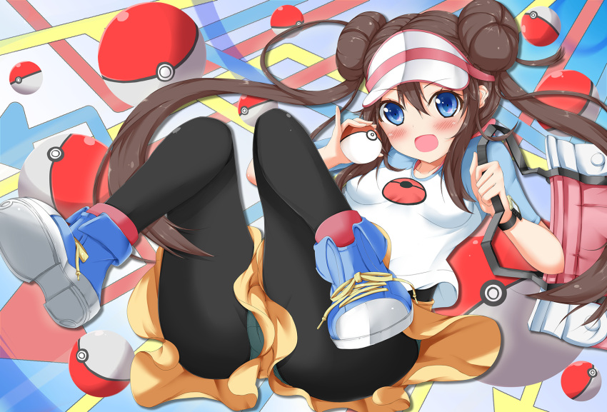 bag black_legwear blue_eyes blush boots brown_hair double_bun green_panties hat highres iroba legwear_under_shorts long_hair mei_(pokemon) panties panties_under_pantyhose pantyhose pantyshot poke_ball pokemon pokemon_(game) pokemon_bw2 purse raglan_sleeves shoes shorts smile sneakers solo twintails underwear upskirt visor_cap