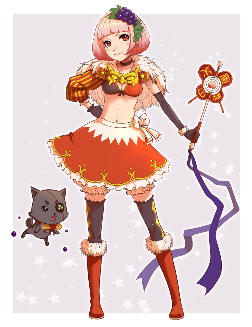 asymmetrical_clothes bob_cut boots breasts cat cherry choker cleavage dog earrings elbow_gloves eyepatch food fruit gloves grapes hair_ornament heart heart_in_mouth highres jewelry knee_boots magatama magical_girl midriff mitsudomoe_(shape) navel original peach pink_eyes pink_hair scroll short_hair skirt thigh-highs thighhighs tomoe_(symbol) toshi_(tsujigiri_style) wand