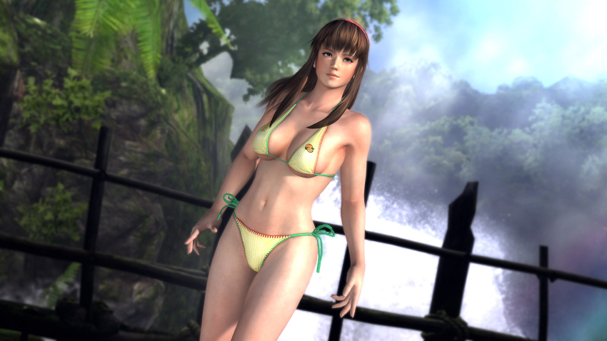3d bikini brown_hair dead_or_alive dead_or_alive_5 hairband highres hitomi large_breasts nature rainbow scenery swimsuit waterfall