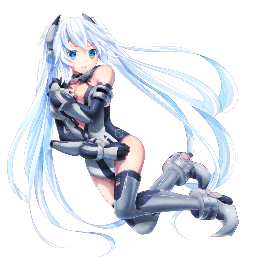 black_heart blue_eyes blue_hair boots breasts choujigen_game_neptune elbow_gloves gloves highres kami_jigen_game_neptune_v long_hair monchi_(kashiwa2519) noire solo thigh-highs thigh_boots thighhighs twintails very_long_hair white_background