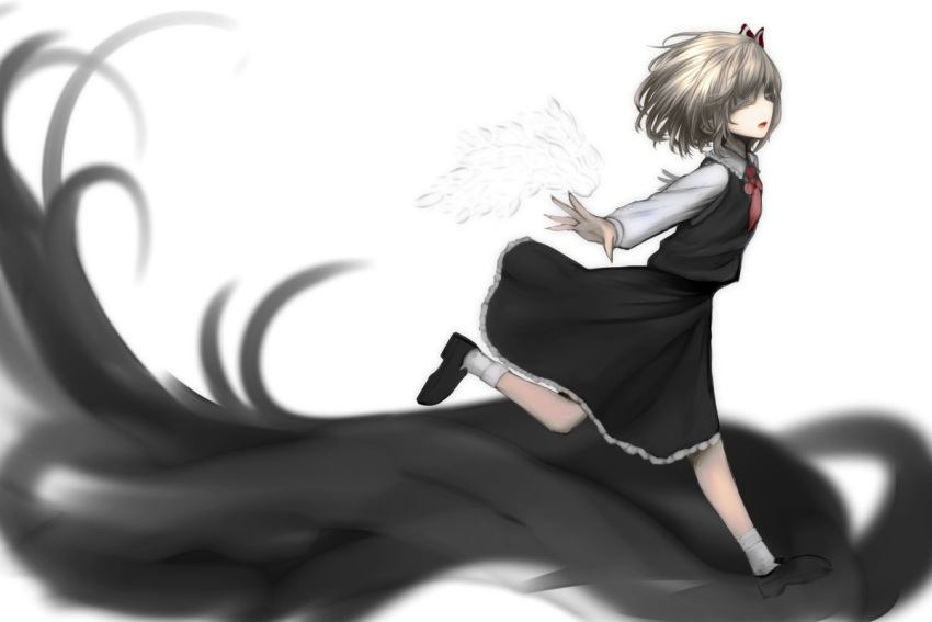 blonde_hair closed_eyes darkness detached_wings eyes_closed long_sleeves open_mouth otouto_(caster5) outstretched_arms rumia short_hair solo touhou white_wings wings