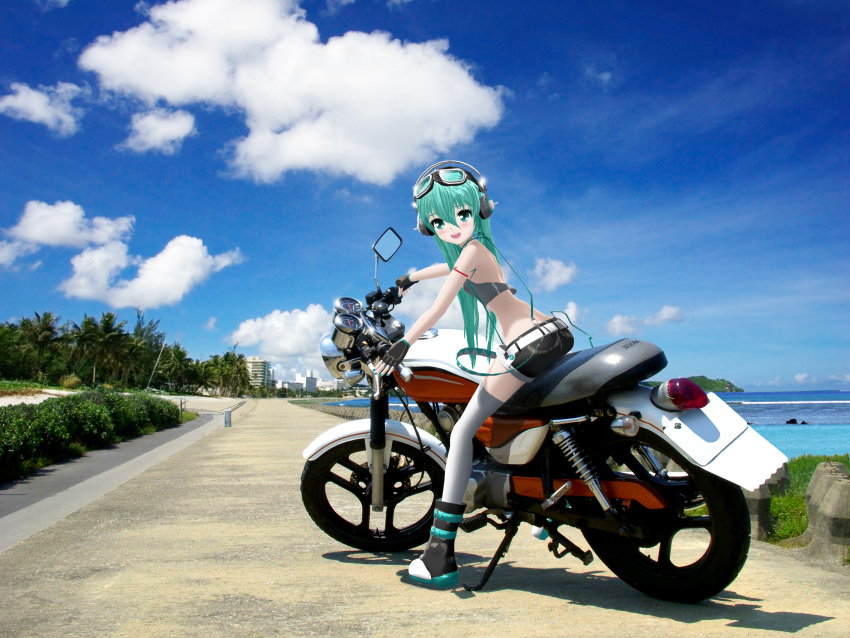 beach blush boots cloud fingerless_gloves gloves goggles goggles_on_head hatsune_miku headphones highres looking_at_viewer looking_back mikumikudance motor_vehicle motorcycle open_mouth palm_tree shorts sky smile suspenders thighhighs tree vehicle vocaloid yunagi_(ektyr_y)