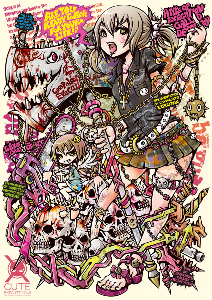 2girls axe belt blood bracelet brown_hair chain chains chainsaw cross green_eyes hair_ornament jewelry multiple_girls original piercing project.c.k. ring shirt skull tattoo tongue tongue_piercing twintails weapon wings yellow_eyes