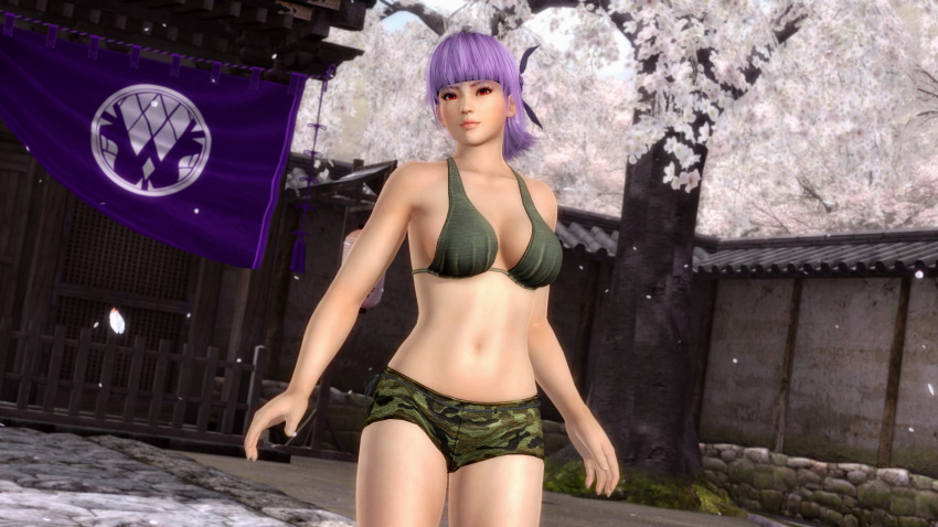 1girl ayane ayane_(doa) dead_or_alive dead_or_alive_5 large_breasts purple_hair red_eyes sakura_petals solo swimsuit tree