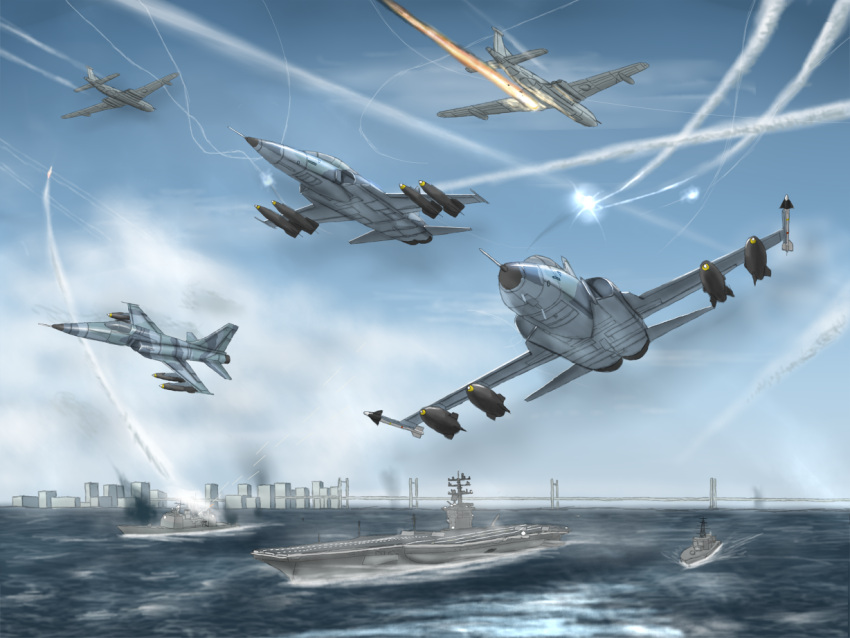 ace_combat_5 aegis_cruiser aegis_guided_missile_cruiser aerial_battle aircraft_carrier airplane bae_nimrod battle bomb bridge commentary condensation_trail cruiser damaged explosion f-5 fighter_jet flying jet missile ocean ofs_kestrel ragi_(00203) ship ticonderoga_class