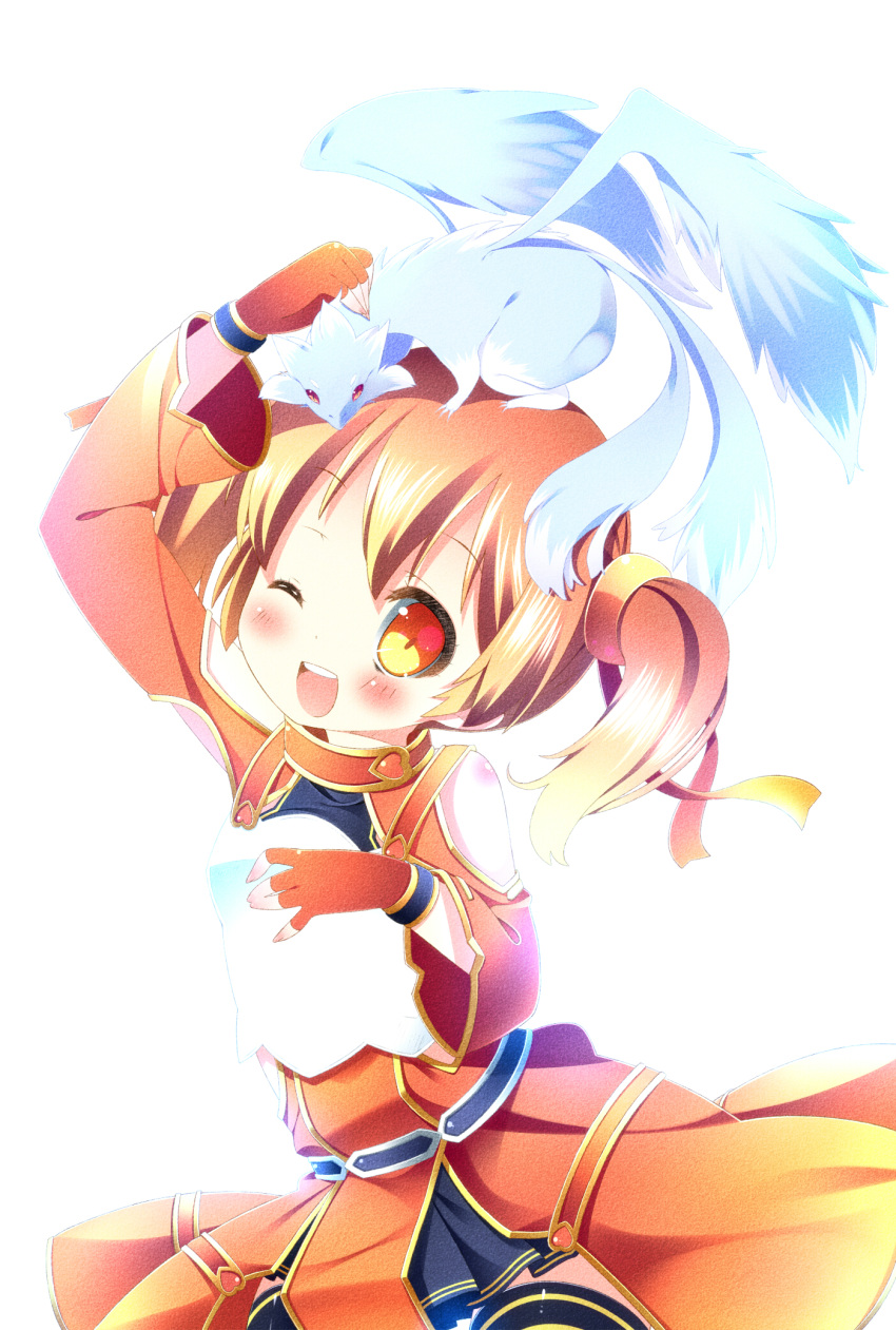 ;d animal_on_head arm_up blush brown_hair dragon fingerless_gloves gloves highres open_mouth orange_eyes pina_(sao) sefa short_twintails silica smile sword_art_online twintails white_background wink zefa_(neoaltemice)
