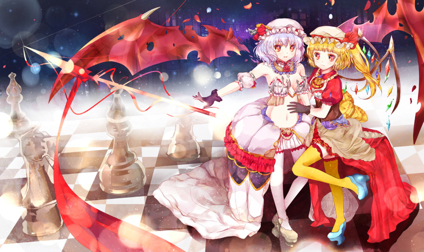 black_gloves blonde_hair blue_hair checkered checkered_floor chess_piece detached_sleeves flandre_scarlet garter gloves hat hat_ribbon heco_(mama) looking_at_viewer multiple_girls navel pantyhose puffy_sleeves red_eyes remilia_scarlet ribbon ribbons side_ponytail thigh-highs thighhighs touhou vampire weapon white_legwear wings yellow_legwear