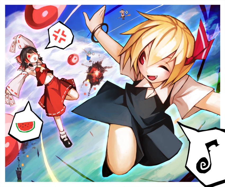 4girls 5girls angry ascot blonde_hair bow bracelet broom daiyousei detached_sleeves explosion fairy_wings fang food fruit green_hair hair_bow hair_ribbon hair_tubes hakurei_reimu hat highres jewelry kirisame_marisa multiple_girls navel ofuda open_mouth outstretched_arms red_eyes ribbon rumia short_sleeves side_ponytail spark621 touhou watermelon wide_sleeves wings wink witch_hat wriggle_nightbug