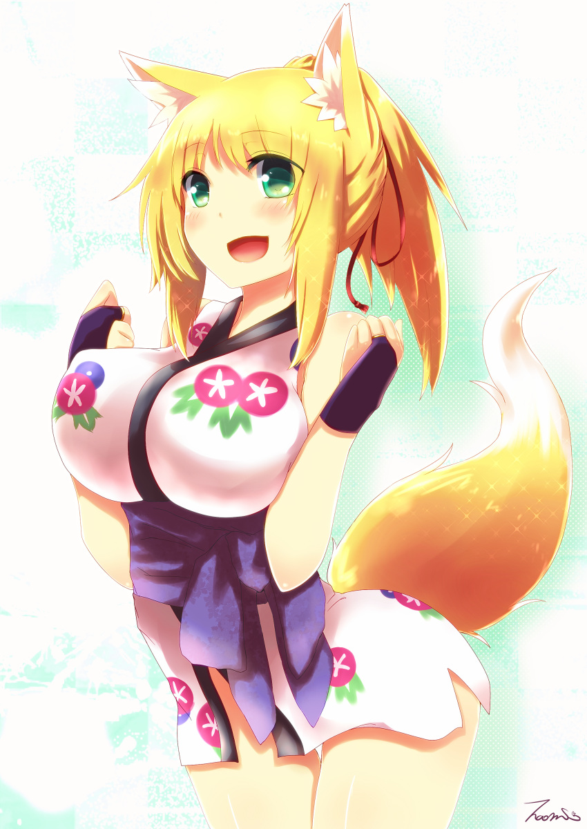 absurdres animal_ears blonde_hair bottomless breasts bridal_gauntlets dog_days fox_ears fox_tail green_eyes highres large_breasts long_hair naomi_(sekai_no_hate_no_kissaten) open_mouth sash shiny shiny_skin simple_background sleeveless smile solo tail thigh_gap yukikaze_panettone