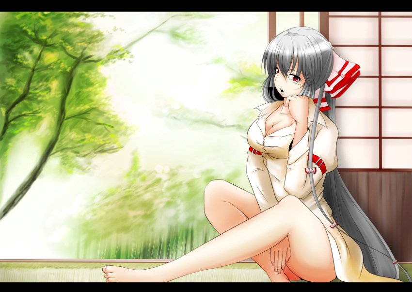 arm_strap barefoot bottomless bow breasts cleavage covering covering_crotch fujiwara_no_mokou grey_hair grey_hair hair_bow highres kazuaki_(pixiv27431) long_hair naked_shirt open_mouth red_eyes shirt solo touhou very_long_hair