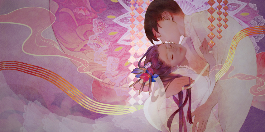 closed_eyes couple earrings eyes_closed hair_ornament hug japanese_clothes jewelry kidchan kimono kiss long_hair original pale_skin profile ring short_hair smile surreal traditional_clothes widescreen