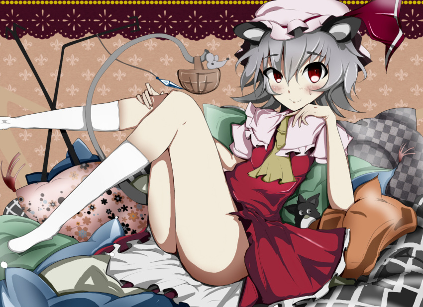 1girl animal_ears cyokoko flandre_scarlet_(cosplay) furby grey_hair hair_ornament hat mouse_ears mouse_tail nazrin pillow red_eyes short_hair smile solo tail touhou