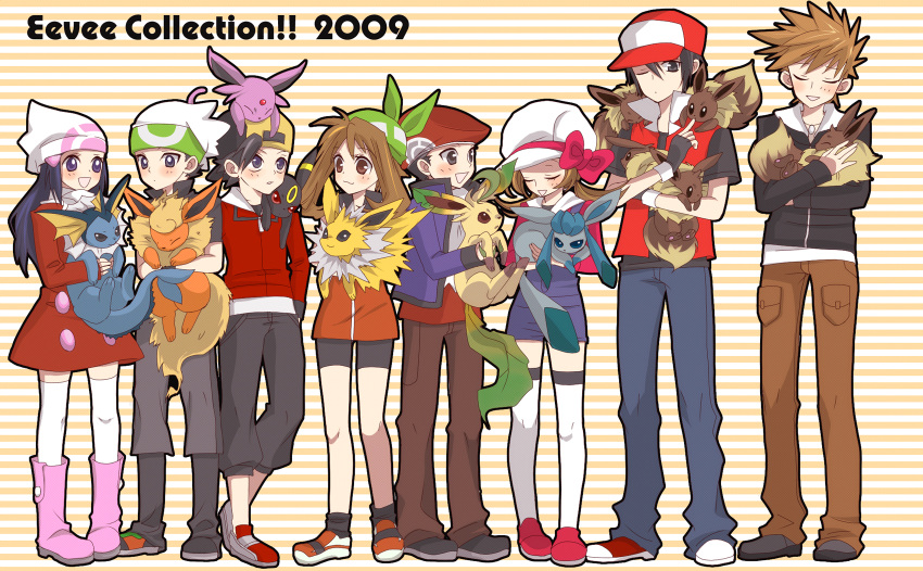 :3 :d aiue-o alternate_costume bandana eevee espeon everyone flareon glaceon gold_(pokemon) haruka_(pokemon) haruka_(pokemon)_(remake) hat hat_ribbon highres hikari_(pokemon) hikari_(pokemon)_(remake) jolteon kotone_(pokemon) kouki_(pokemon) kouki_(pokemon)_(remake) leafeon lineup ookido_green ookido_green_(hgss) open_mouth pink_ribbon pokemon pokemon_(creature) pokemon_(game) pokemon_dppt pokemon_gsc pokemon_rse red_(pokemon) red_(pokemon)_(classic) ribbon ruby_(pokemon) smile thighhighs umbreon vaporeon yuuki_(pokemon) yuuki_(pokemon)_(remake)