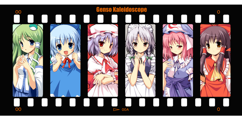 blush_stickers cirno crossed_arms fang film_strip hakurei_reimu hat highres izayoi_sakuya kochiya_sanae remilia_scarlet saigyouji_yuyuko steepled_fingers touhou yamasan