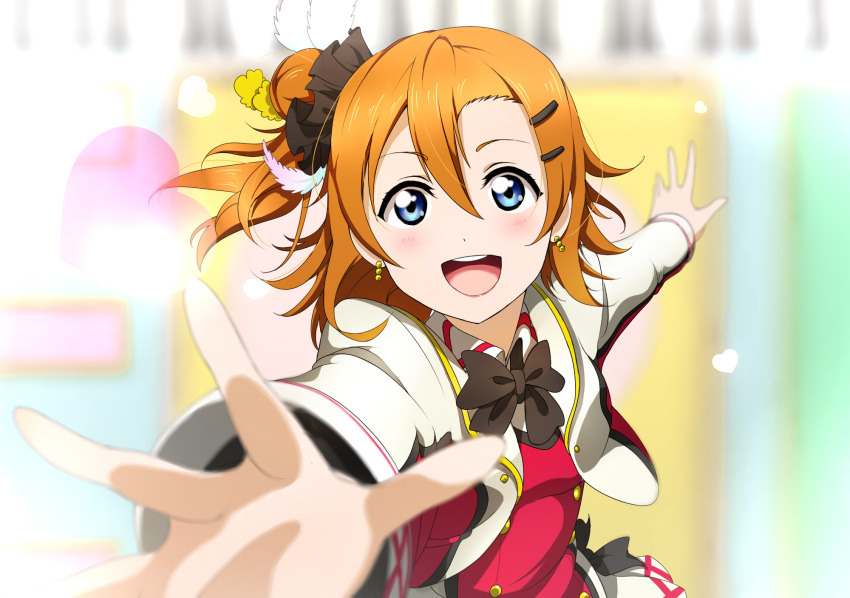 1girl :d blue_eyes blurry bow depth_of_field earrings hair_ornament hairclip heart highres jewelry kousaka_honoka love_live!_school_idol_project official_style open_mouth orange_hair outstretched_arm outstretched_hand reaching shiimai side_ponytail smile solo sore_wa_bokutachi_no_kiseki