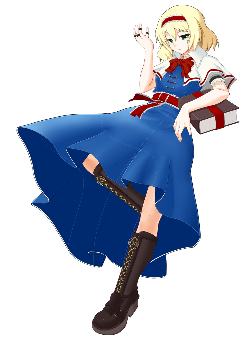 alice_margatroid bad_id blonde_hair book boots green_eyes hairband highres jewelry ribbon ring short_hair string touhou transparent_background