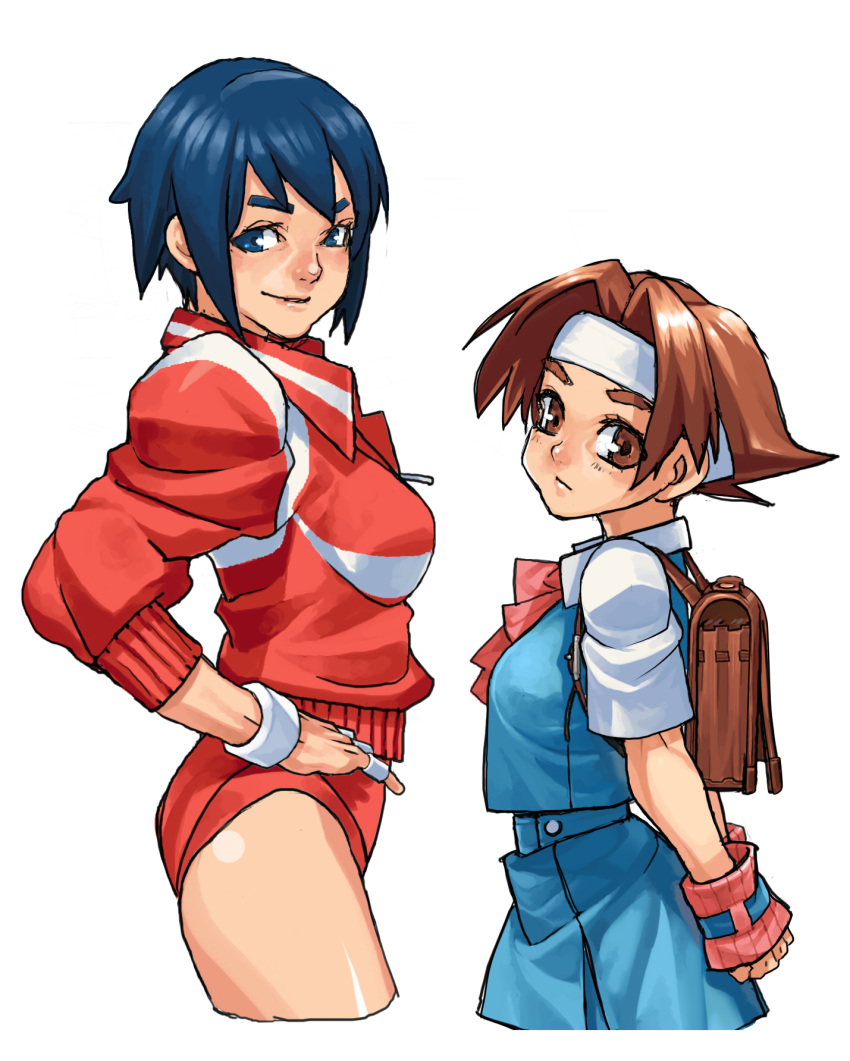 arms_behind_back ayuhara_natsu backpack bag blue_eyes blue_hair brown_eyes brown_hair buruma cropped_legs hand_on_hip headband highres jacket justice_gakuen multiple_girls rival_school rival_schools school_uniform short_hair skirt sleeves_pushed_up smile striped takoyaki_neko-san thighs wakaba_hinata wristband