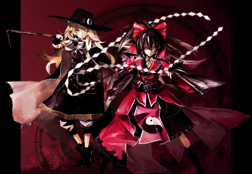 2girls alternate_costume banpai_akira black_hair blonde_hair braid broom castlevania chains duplicate gohei hakurei_reimu hat kirisame_marisa koumajo_densetsu long_hair red_eyes short_hair touhou wallpaper yellow_eyes