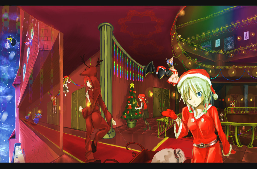 arudehido belt broken_window broom broom_riding cameo castlevania christmas christmas_tree cirno daiyousei decorations deer fairy flandre_scarlet fujiwara_no_mokou hakurei_reimu hat highres hong_meiling horn hoshiguma_yuugi izayoi_sakuya kazami_yuuka kirisame_marisa koakuma luna_child maid mansion painting reindeer_costume remilia_scarlet santa_costume santa_hat scarlet_devil_mansion shameimaru_aya star_sapphire sunny_milk theft touhou wink