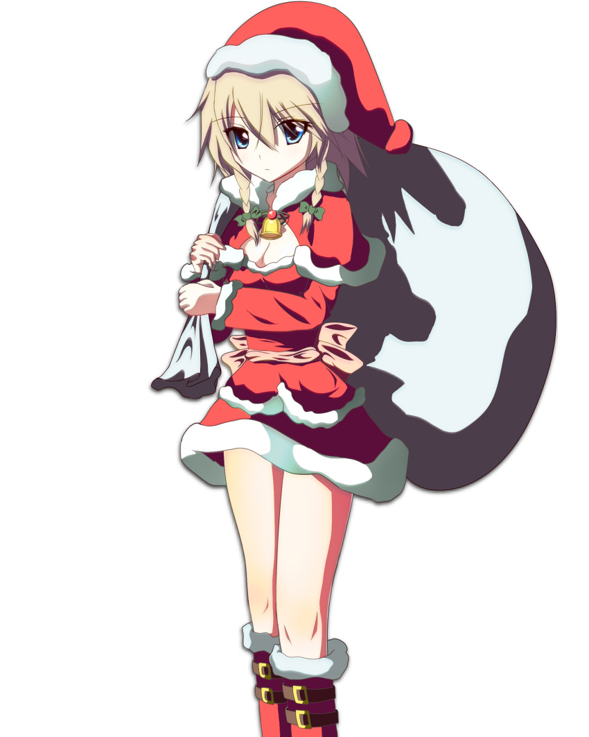 blonde_hair boots christmas hat highres hizumi_(hizumi398) izayoi_sakuya ribbon sack santa_costume short_hair touhou