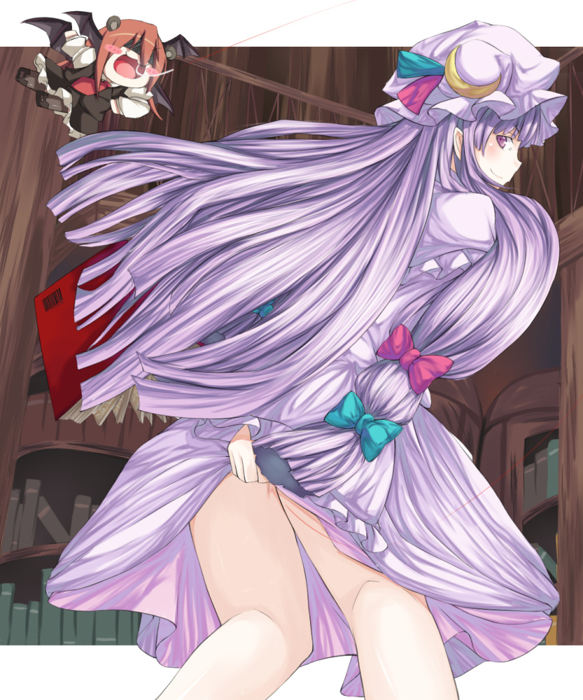 bad_id hat highres kneepits koakuma long_hair looking_back patchouli_knowledge purple_hair ribbon touhou wings