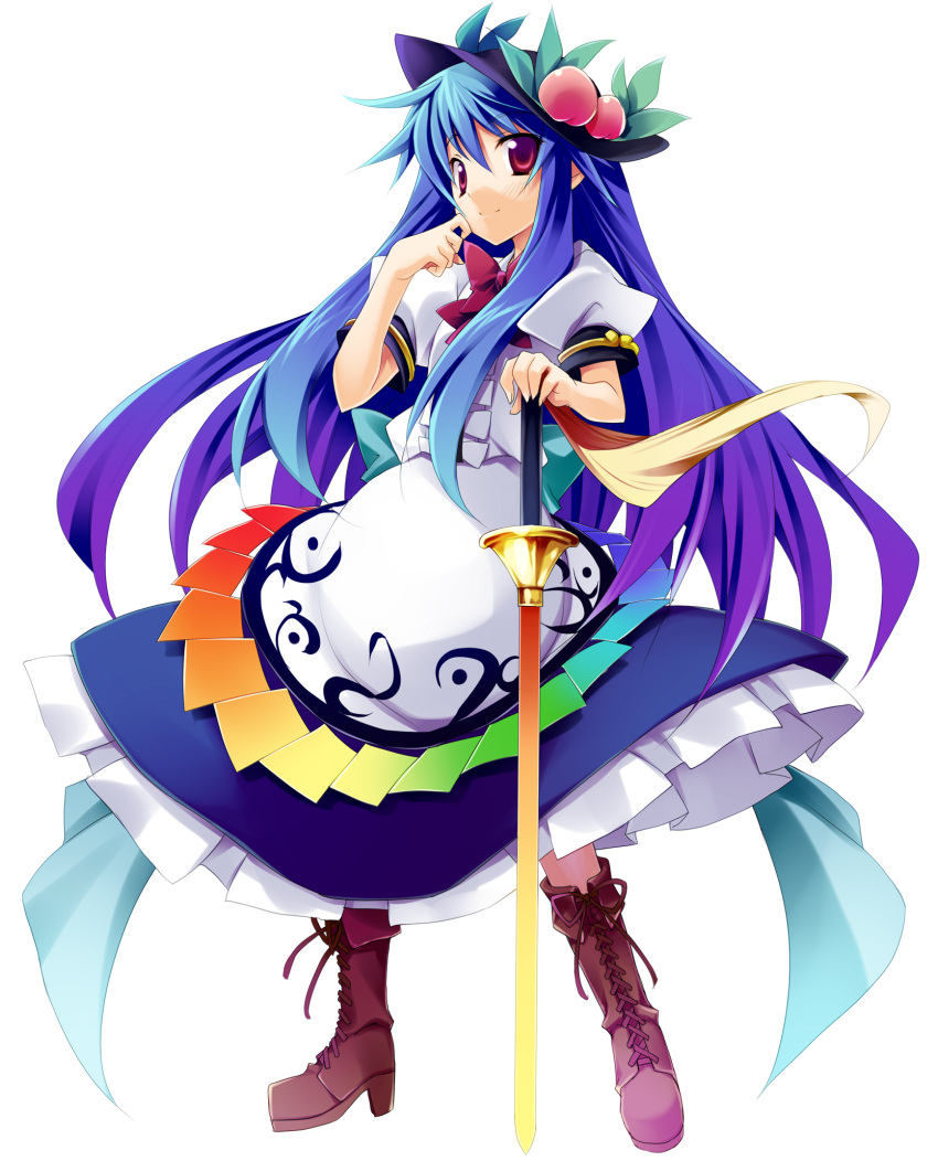 boots cross-laced_footwear food frills fruit gradient_hair hat highres hinanawi_tenshi lace-up_boots long_hair long_skirt looking_at_viewer minase multicolored_hair peach purple_hair red_eyes skirt smile solo sword sword_of_hisou touhou transparent_background weapon
