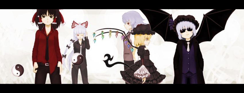 bad_id contemporary flandre_scarlet fujiwara_no_mokou gothic_lolita hair_ribbon hakurei_reimu hat hat_ribbon izayoi_sakuya lolita_fashion necktie red_eyes remilia_scarlet ribbon rsk_(tbhono) touhou wings yin_yang