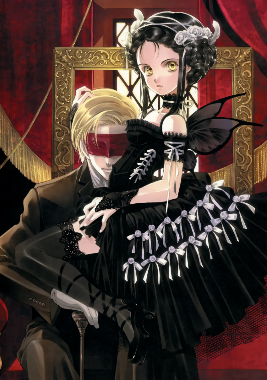 bare_shoulders black_dress black_hair black_legwear black_thighhighs blonde_hair braid bridal_gauntlets choker collar dress flower gloves gothic gothic_lolita hair_flower hair_ornament high_heels highres hug lace lace-trimmed_thighhighs lolita_fashion ribbon shiina_yuu shoes short_hair thigh-highs thighhighs wings yellow_eyes zettai_ryouiki