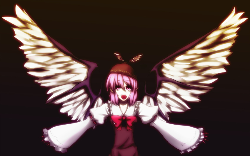 asa_inu bow claws dark empty_eyes fangs fingernails hair_bow hat long_fingernails long_nails long_sleeves mystia_lorelei nails no_nose open_mouth outstretched_arms pink_eyes pink_hair ribbon short_hair simple_background solo spread_arms touhou wide_sleeves wings