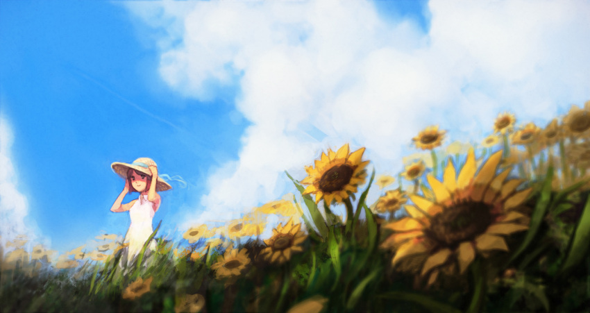cloud clouds ekao flower flower_field hagiwara_yukiho hand_on_hat hat idolmaster short_hair sky smile straw_hat sunflower