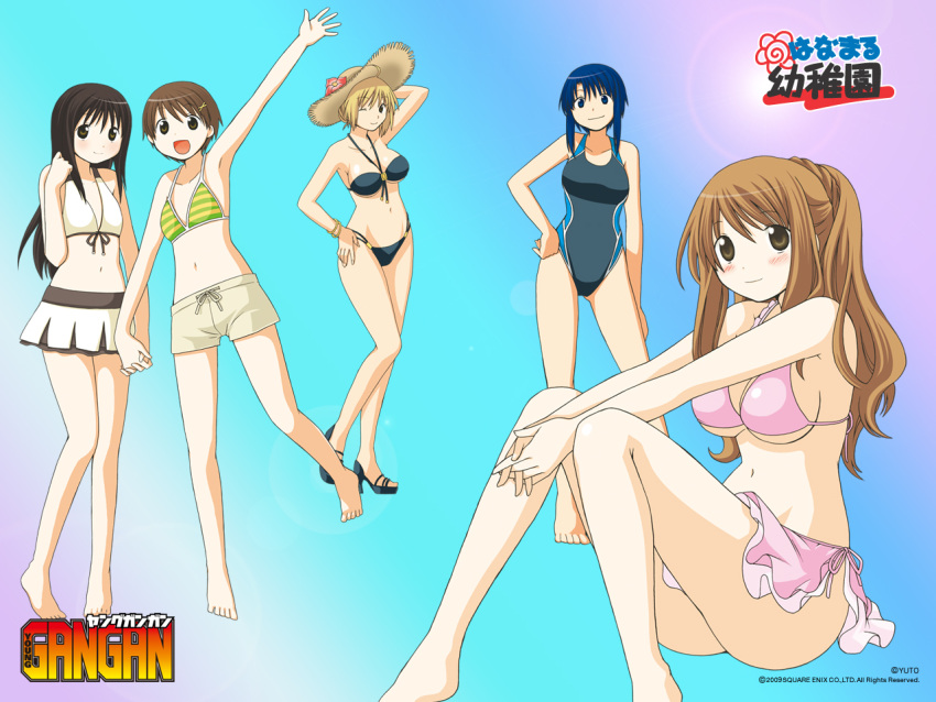 barefoot bikini competition_swimsuit hanamaru_youchien hands_clasped hat high_heels holding_hands interlocked_fingers kusano-sensei navel one-piece_swimsuit open_mouth sakura_(hanamaru_youchien) shoes straw_hat striped striped_bikini striped_swimsuit swimsuit tsuchida_satsuki wallpaper waving wink yamamoto_mayumi yamamoto_nanako yuuto_(p.a.)