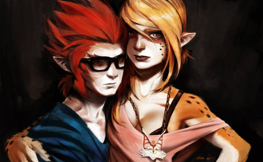 arm_around_shoulder bangs blonde_hair bra_strap breasts carlos_villa cheetara cleavage couple glasses jewelry lion-o lipstick looking_at_viewer makeup necklace original pale_skin pendant pointy_ears red_eyes red_hair redhead snarf spiked_hair spiky_hair swept_bangs thundercats yellow_eyes
