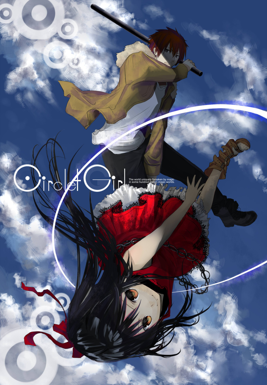 1girl absurdres black_hair chain chains chef_no_kimagure_salad circlet_girl cloud clouds cover cover_page dress flying hair_ribbon highres lace orange_eyes petticoat red_hair redhead ribbon skirt sky smile strap upside-down