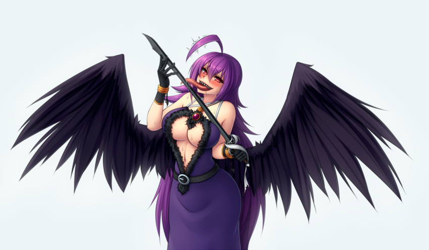 1girl ahoge bare_shoulders belt black_gloves black_wings blush bracelet breasts center_opening dress gloves heart heart-shaped_pupils jewelry licking_weapon long_hair long_tongue looking_at_viewer monorus original purple_dress purple_hair red_eyes saliva sharp_teeth simple_background sleeveless sleeveless_dress solo sweat sword symbol-shaped_pupils tongue tongue_out very_long_hair weapon white_background wings