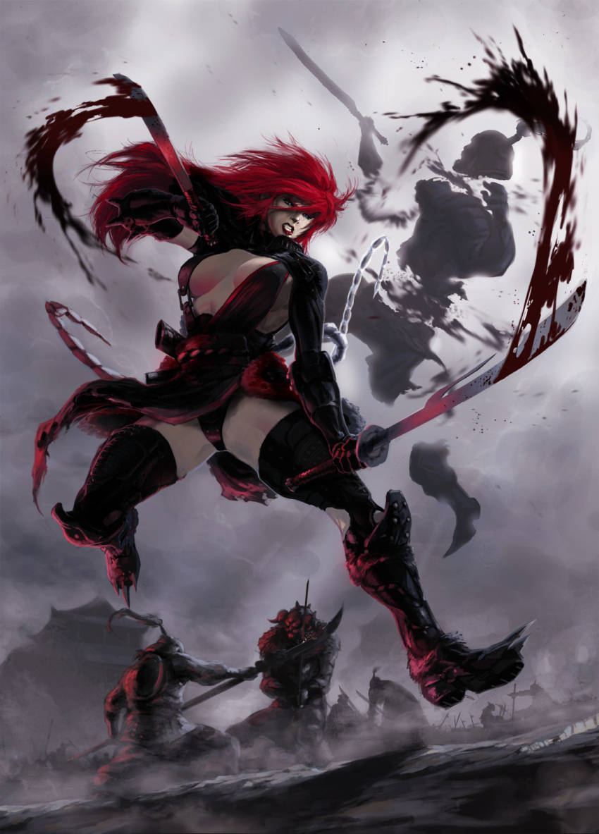 battle battlefield blue_eyes boots breasts carlos_villa center_opening cleavage dark_sky dismemberment dual_wielding fighting gloves highres large_breasts lipstick makeup original pale_skin red_hair red_lipstick redhead samurai_armor solo sword tail thigh-highs thighhighs upskirt warrior weapon