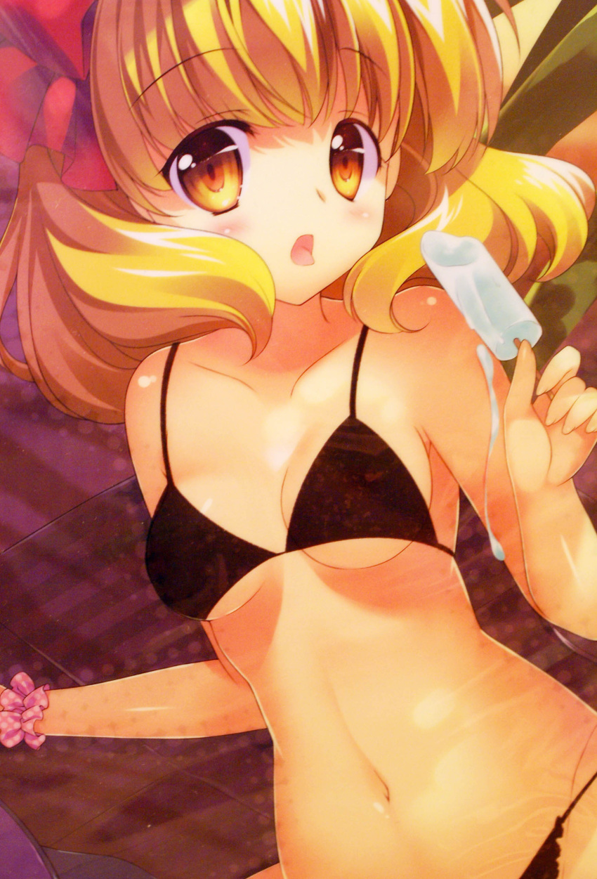 1girl :o absurdres bare_shoulders bikini black_bikini blonde_hair blush bra frills highres kise_yayoi looking_at_viewer navel open_mouth panties popsicle precure rei_(rei's_room) scan smile_precure! solo swimsuit tongue underboob underwear