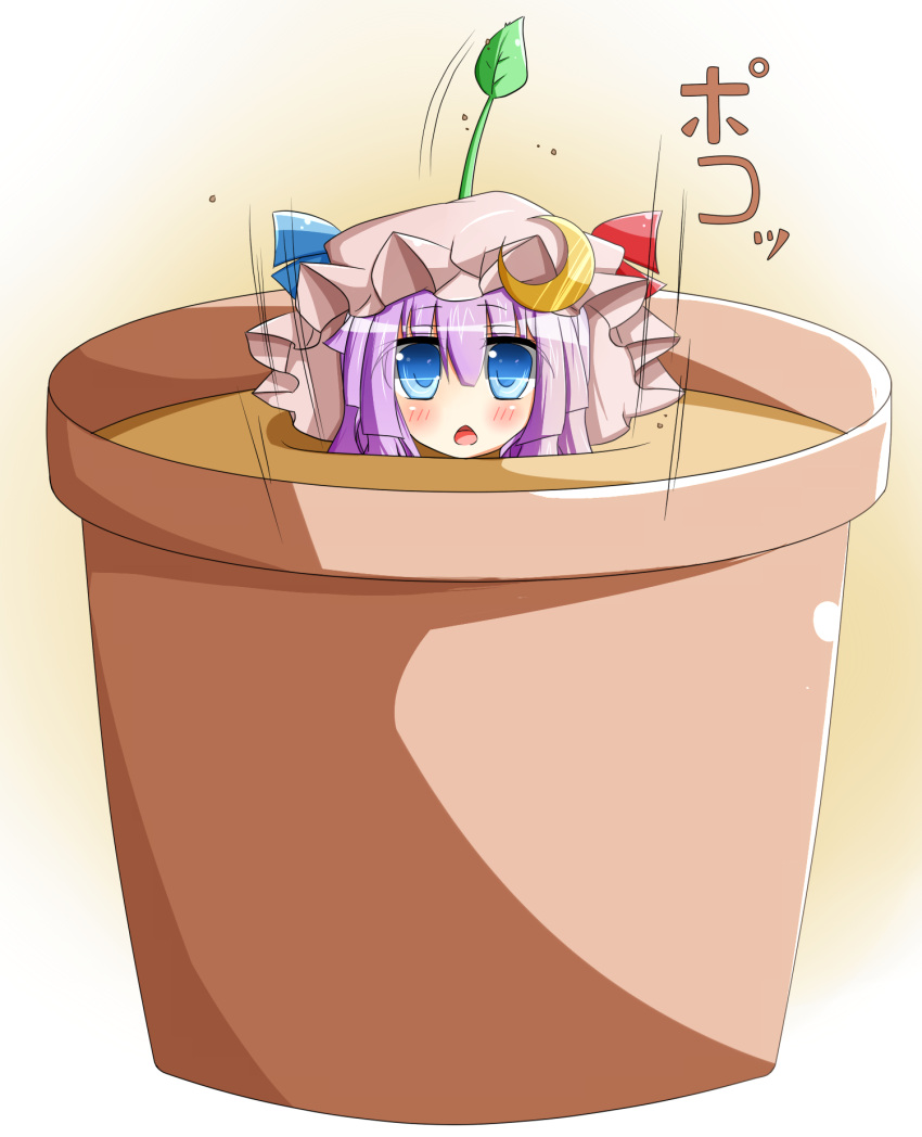 blue_eyes chestnut_mouth crescent dirt ehimedaisuki hat highres leaf long_hair open_mouth patchouli_knowledge pikmin pot purple_hair solo sprout sprout_on_head touhou