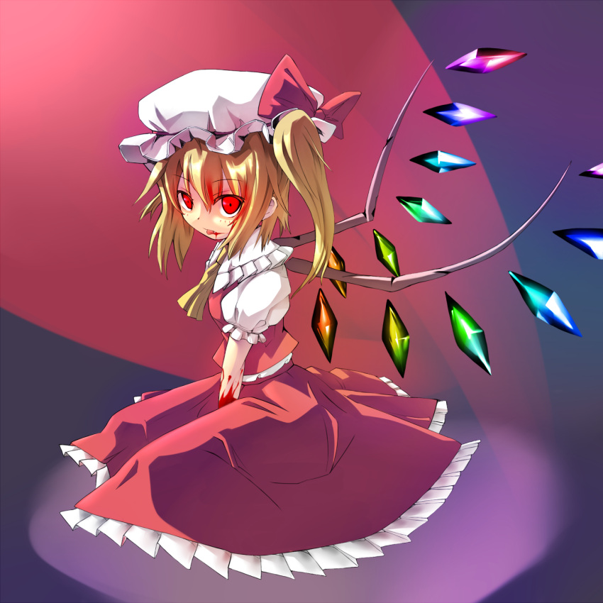 ascot blonde_hair blood bow crystal fang flandre_scarlet hat hat_bow highres puffy_sleeves red_eyes short_hair short_sleeves side_ponytail sitting solo tongue touhou unomi wings