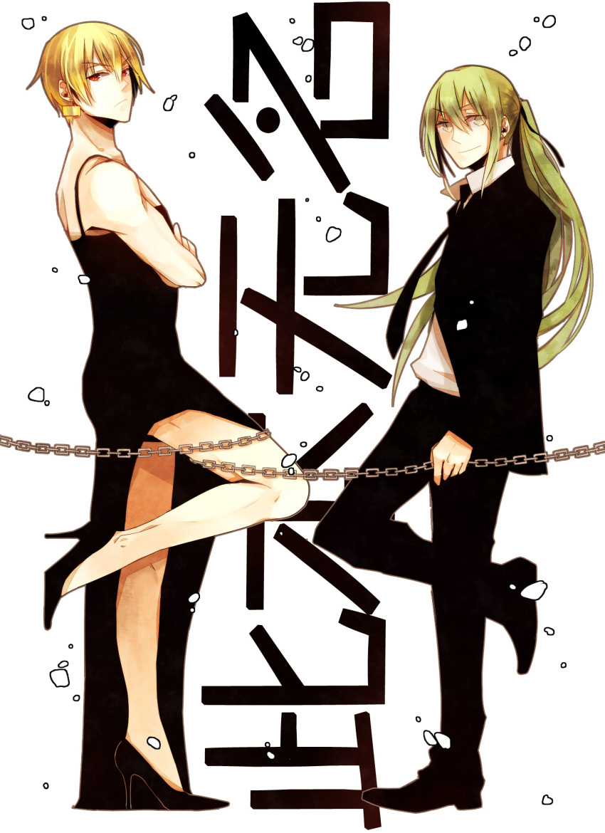 alternate_hairstyle bad_id blonde_hair chain chains dress earrings enkidu_(fate/strange_fake) fate/strange_fake fate/zero fate_(series) formal gilgamesh green_eyes green_hair high_heels highres jewelry long_hair male mr._and_mrs._smith multiple_boys parody pcone ponytail poster red_eyes role_reversal shoes suit