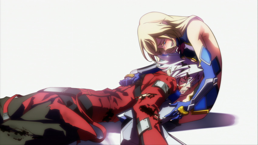 1girl arc_system_works bare_shoulders blazblue blonde_hair blood closed_eyes crying elbow_gloves eyes_closed game_cg gloves highres injury jacket long_hair lying_on_person mu-12 noel_vermillion official_art ragna_the_bloodedge spiked_hair spiky_hair tears torn_clothes white_hair