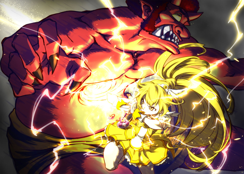 1girl akaooni battle blonde_hair bowtie brooch cure_peace dress electricity grey_background horns jewelry kise_yayoi long_hair magical_girl precure red_skin serious sharp_teeth size_difference skirt smile_precure! yanushi yellow_dress yellow_eyes yellow_sclera