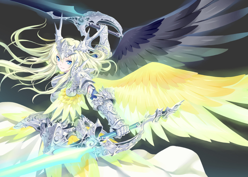 blonde_hair blue_eyes dress glowing helmet kousaki_rui long_hair original skirt sword weapon wings
