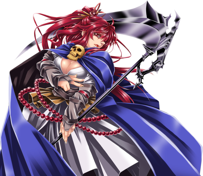 adapted_costume alternate_weapon beads breasts bridal_gauntlets cape cleavage hair_bobbles hair_ornament hair_ribbon highres long_sleeves obi onozuka_komachi open_mouth red_eyes red_hair redhead ribbon scythe short_hair simple_background skull solo touhou twintails weapon white_background yoiti