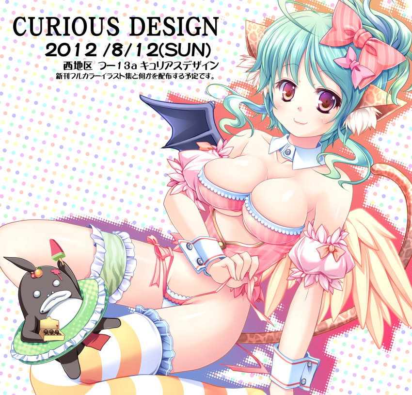 absurdres angel_wings animal_ears bare_shoulders bat_wings blue_hair blush bow breasts cat_ears cleavage evemoina food fruit hair_bow highres innertube leg_garter looking_at_viewer mismatched_legwear original panties panty_pull popsicle purple_eyes side-tie_panties single_thighhigh smile solo striped striped_legwear tail thigh-highs thighhighs underwear violet_eyes watermelon wings wrist_cuffs